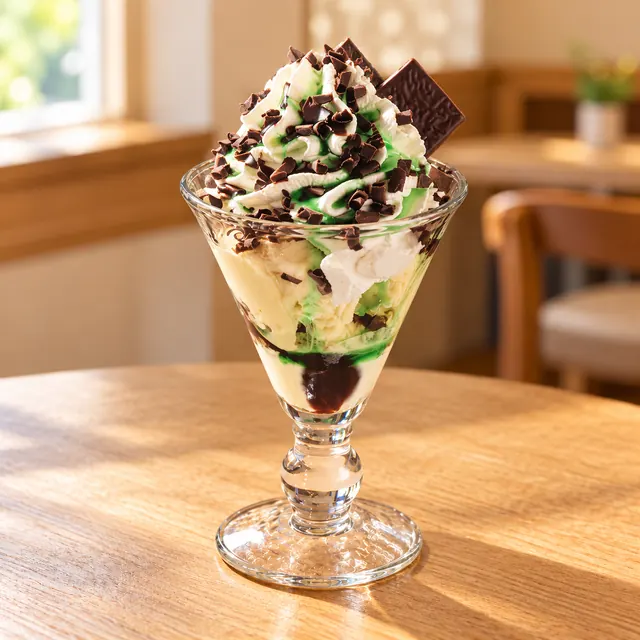 After Eight Becher After Eight Becher
Gem. Eis, Sahne, Pfefferminz, After Eight und Schokosoße.