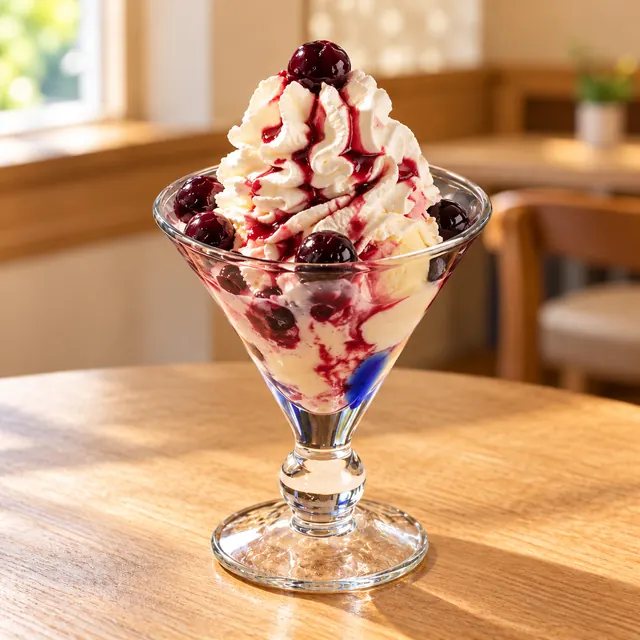 Amarena Becher Amarena Becher
Gem. Eis, Sahne, Amarena und Amarenasoße.