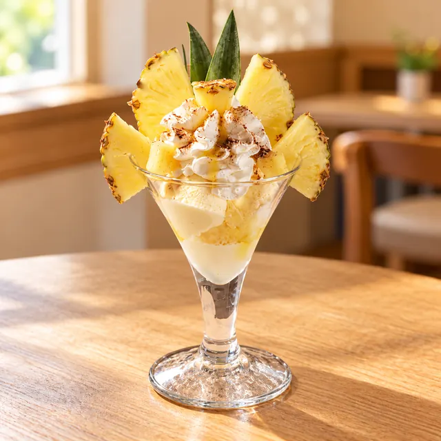 Ananas Becher Ananas Becher
Gem. Eis, Sahne, frische Ananas und Soße.