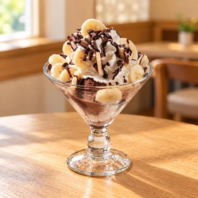 Banana Royal Banana Royal
Gem. Eis, Sahne, Bananenstücke, Schokosoße.