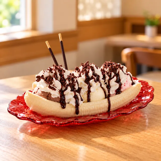 Banana Split Banana Split
Gem. Eis, eine ganze Banane und Schokosoße.