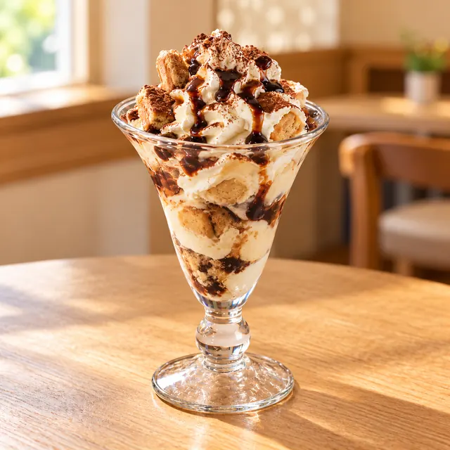 Coppa Tiramisù Coppa Tiramisù
Gem. Eis, Sahne, Löffelbiskuit, Soße und Likör.