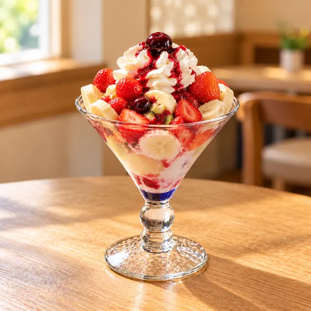 Frucht Becher Frucht Becher
Fruchteis, Sahne, frische Früchte, Amarenasoße.
