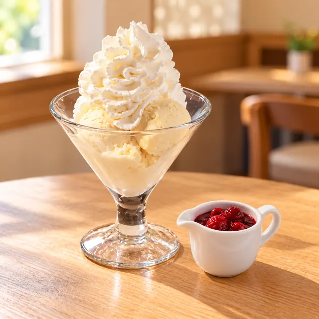 Heisse Himbeer Heisse Himbeer
Vanilleeis, Sahne, heiße Himbeeren.