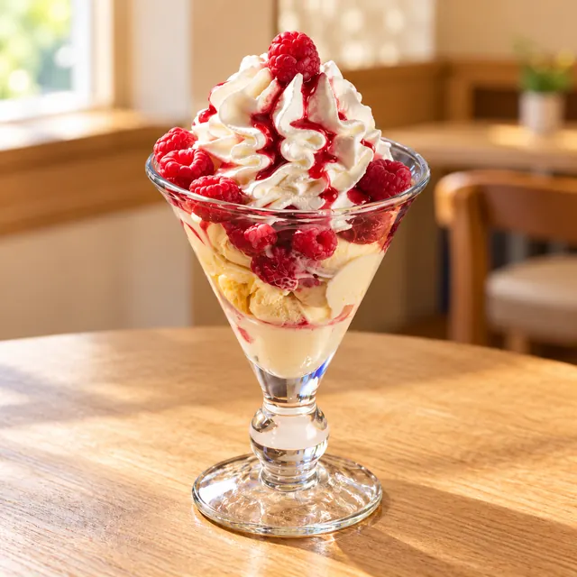 Himbeer Becher Himbeer Becher
Gem. Eis, Sahne, Himbeeren, Himbeersoße. (Nur in Saison mit frischen Früchten)