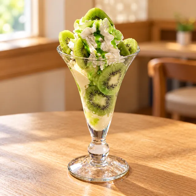 Kiwi Becher Kiwi Becher
Gem. Eis, Sahne, Kiwi und Kiwisoße.