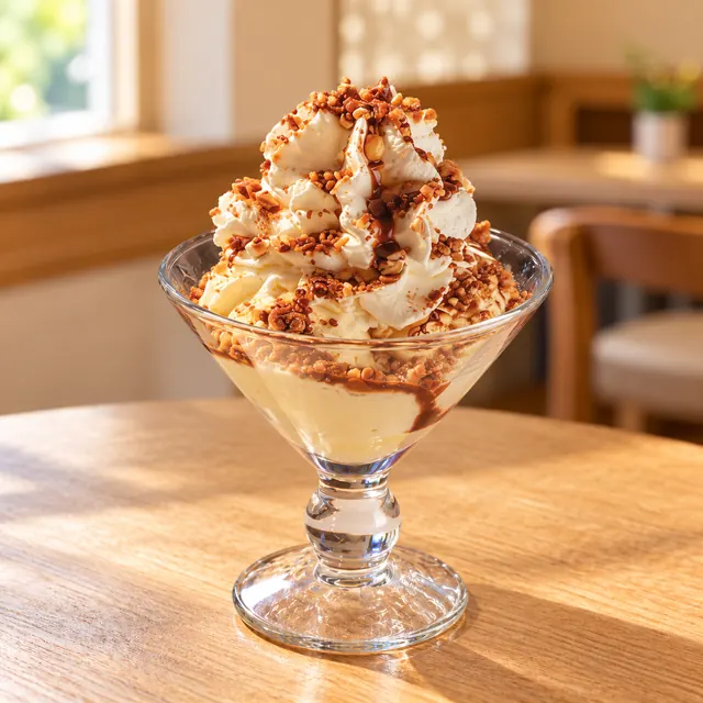 Krokant Becher Krokant Becher
Milcheis, Sahne, Krokantstreusel und Soße.