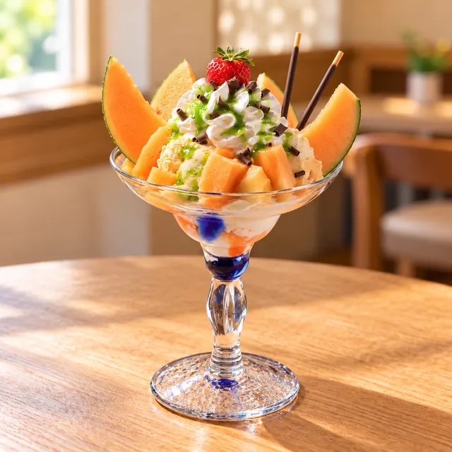 Melone Becher Melone Becher
Gem. Eis, Sahne, frische Melone und Soße.
