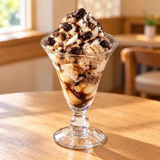 Mokka Becher Mokka Becher
Gem. Eis, Sahne, Mokkabohnen, Schokostreusel und Mokkalikör.