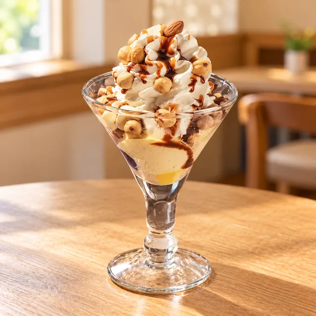 Nuss Becher Nuss Becher
Gem. Eis, Sahne, Nüsse und Soße.