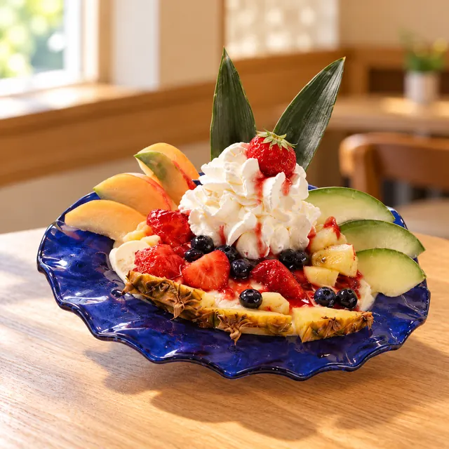 Pizza Eis Pizza Eis
Vanilleeis, frische Früchte der Saison, Sahne und Soße.