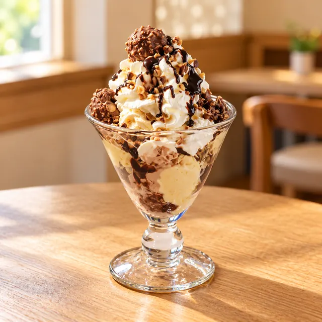 Rocher Becher Rocher Becher
Gem. Eis, Sahne, Rocher, Krokantstreusel und Schokosoße.