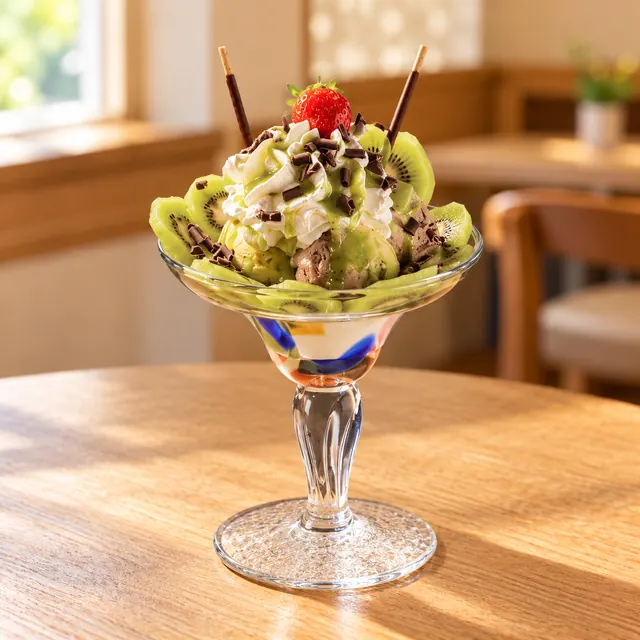 Schoko Kiwi Becher Schoko Kiwi Becher
Gem. Eis, Sahne, Kiwi, Schokoraspeln und Soßen.