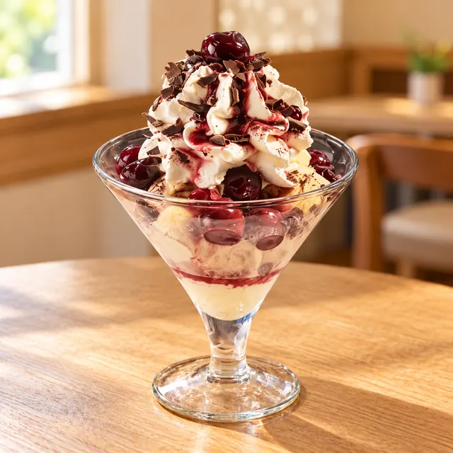 Schwarzwald Becher Schwarzwald Becher
Gem. Eis, Sahne, Schattenmorellen, Schokoraspeln und Kirschlikör.