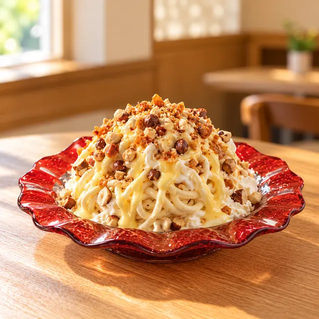 Spaghetti Carbonara Spaghetti Carbonara
Vanilleeis, Sahne, versch. Nüsse, Eierlikör und Krokantstreusel.