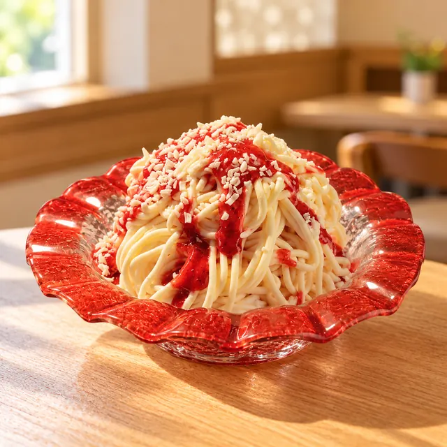 Spaghetti Eis Spaghetti Eis
Vanilleeis, Sahne, Erdbeersoße und weiße Schokoraspeln.