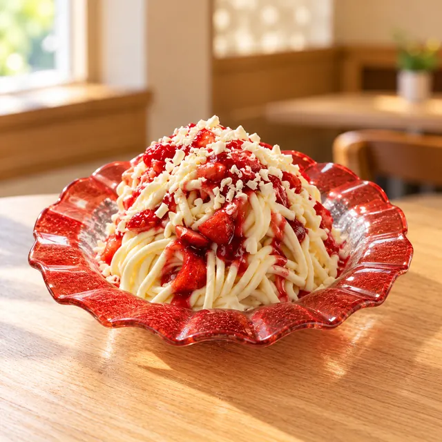 Spaghetti Erdbeer Spaghetti Erdbeer
Vanilleeis, Sahne, Erdbeeren, Erdbeersoße und weiße Schokoraspeln.