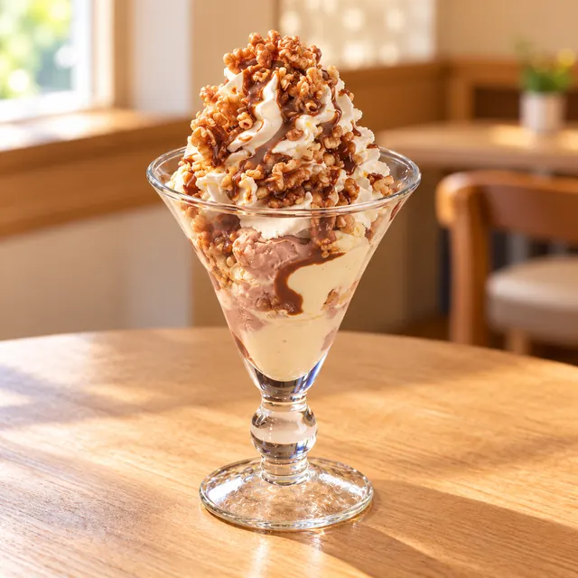 Walnuss Becher Walnuss Becher
Gem. Eis, Sahne, Walnüsse und Soße.